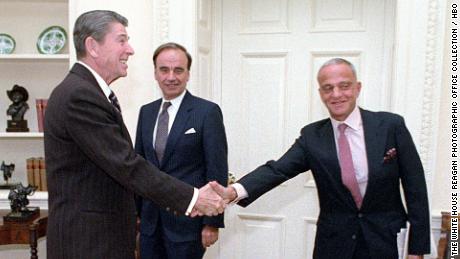 President Reagan meeting with Rupert Murdoch and Roy Cohn in the Oval Office in 1983.