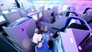 The interior of the business class of the new Airbus A350 XWB is pictured during a presentation in Hamburg, northern Germany on April 07, 2014. European aircraft manufacturing company  Airbus presented the interior of its future A350 which - according to the company - will offer &quot;more personal space, flexibility and comfort&quot; than other aircrafts in its class.  AFP PHOTO / PATRICK LUX        (Photo credit should read PATRICK LUX/AFP via Getty Images)