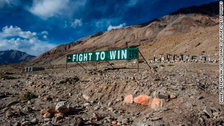 An Indian military banner post is seen next to a road in Ladakh in 2012. The region shares a border with both China and Pakistan. 