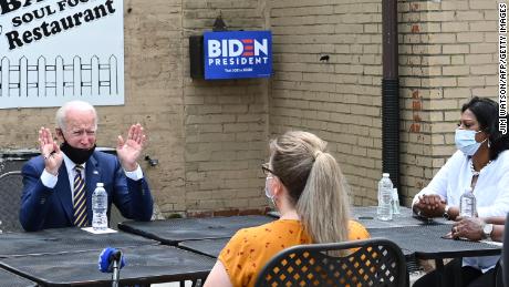 Former vice president and Democratic presidential candidate Joe Biden speaks about reopening the economy during a round table discussion at Carlettes Backyard Bar &amp; Soul food Restaurant in Yeadon, Pennsylvania on June 17, 2020. 