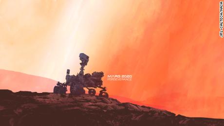 Esta obra de arte oficial de la misión Perseverance muestra al rover sentado en Marte.