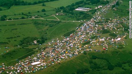 An aerial view of the massive illegal gathering at Castlemorton in 1992, which marked a major turning point for British rave.