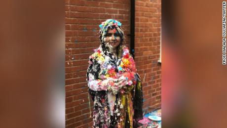 Yousafzai shared an image of herself covered in cake and confetti.