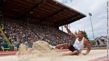 Taylor jumps during the 2018 Prefontaine Classic.