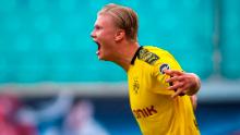 Dortmund&#39;s Norwegian forward Erling Braut Haaland shows his delight after bagging the second and decisive goal for Borussia Dortmund at RB Leipzig. 