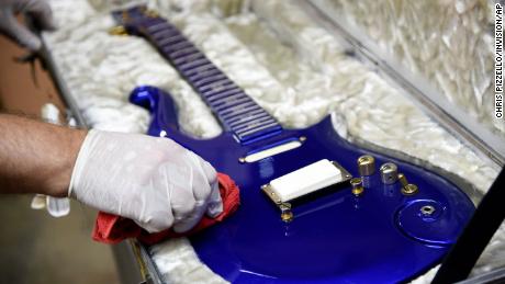 A &quot;Blue Angel&quot; Cloud 2 guitar custom-made in the 1980s for the late musician Prince is polished for Julien&#39;s Auctions. 