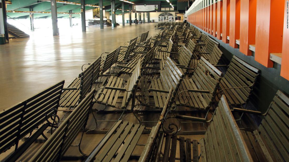 Unneeded benches are stacked up at Belmont Park.