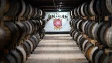 Barrels of bourbon are stacked in a barrel house at the Jim Beam Distillery in Clermont, Kentucky.