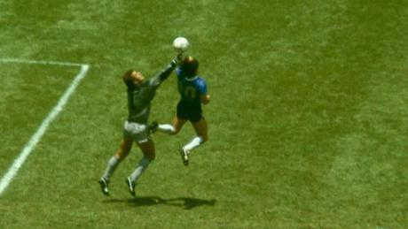 Maradona outjumps Peter Shilton to score the &quot;Hand of God&quot; goal in the 1986 World Cup. 