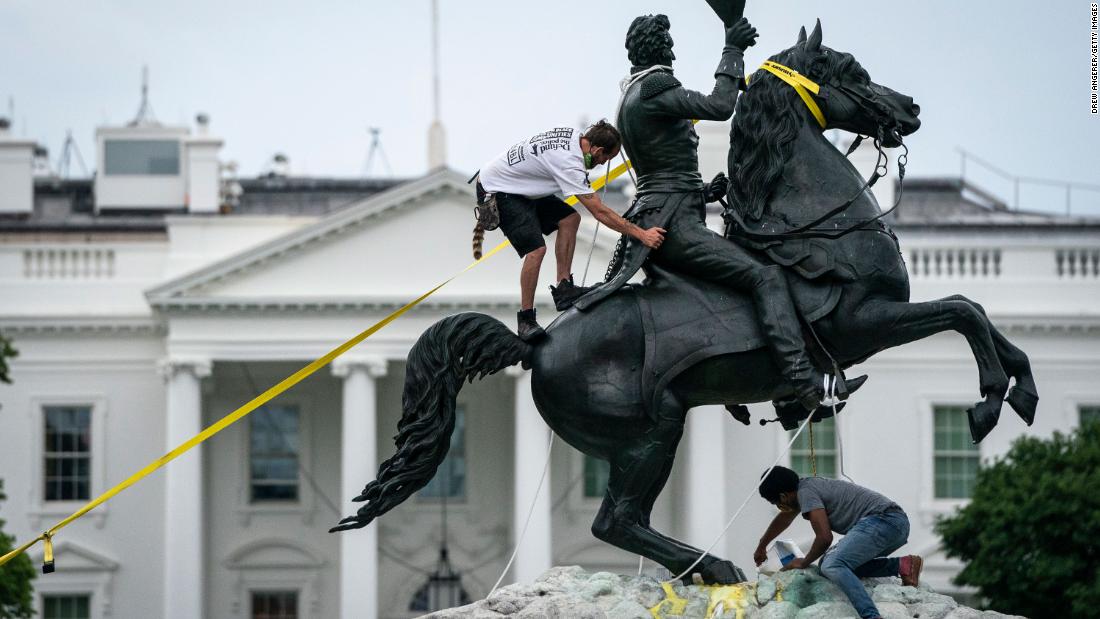 Protesters near the White House &lt;a href=&quot;https://www.cnn.com/2020/06/22/politics/white-house-secret-service-press/index.html&quot; target=&quot;_blank&quot;&gt;try to pull down a statue&lt;/a&gt; of former President Andrew Jackson on June 22. The statue stands in the middle of Lafayette Square, which has been the site of largely peaceful protests.