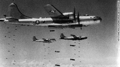 US Air Force B-29 Superfortresses dropping bombs during the Korean War.