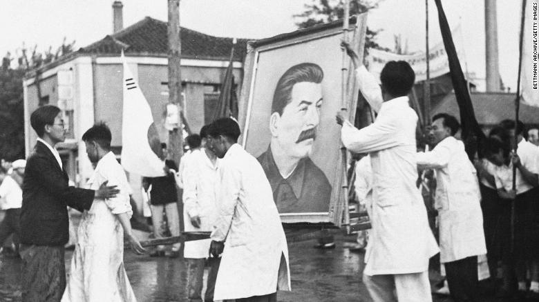 A portrait of Soviet leader Joseph Stalin is prepared for a parade in Pyongyang in July 1947.