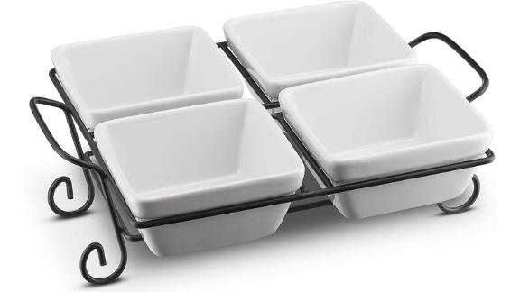 4-Piece Ceramic Condiment Dish with Metal Rack 