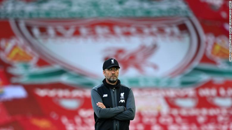 Liverpool manager Jurgen Klopp looks on prior to the Premier League match between Liverpool FC and Crystal Palace at Anfield on June 24, 2020 in Liverpool, England. (