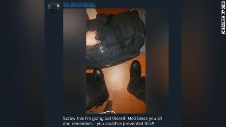 One image shows a man wearing black boots and holding a black bag with the caption warning that he is &quot;going out there&quot; and &quot;you could&#39;ve prevented this!!!&quot; CNN has obscured identifying information in this image.