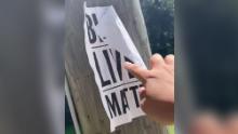 A screengrab from a video in which a far-right group member rips a Black Lives Matter poster from a tree.