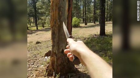 A man is seen throwing a knife at a tree in a screengrab from another video shared on the messaging app.