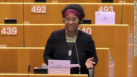 Pierrette Herzberger-Fofana told an EU debate on racism that police in Brussels had &quot;brutally&quot; pushed her against a wall.