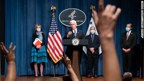 WASHINGTON, DC - JUNE 26: Vice President Mike Pence takes a question after leading a White House Coronavirus Task Force briefing at the Department of Health and Human Services on June 26, 2020 in Washington, DC. Cases of coronavirus disease (COVID-19) are rising in southern and western states forcing businesses to remain closed. (Photo by Joshua Roberts/Getty Images)