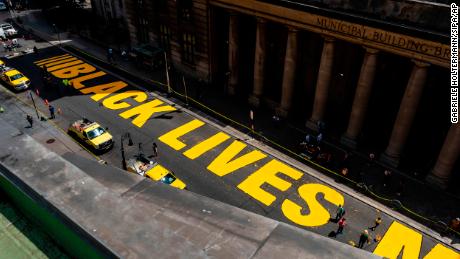 A bird&#39;s eye view of the Black Lives Matter mural in front of Brooklyn Borough Hall on June 26, 2020. (Photo by Gabriele Holtermann/Sipa USA)(Sipa via AP Images)