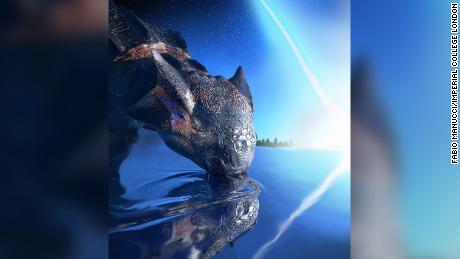 A large armored dinosaur species, Ankylosaurus magniventris, drinks from a watering hole while an asteroid crashes on the Yucatán peninsula in Mexico 66 million years ago. 
