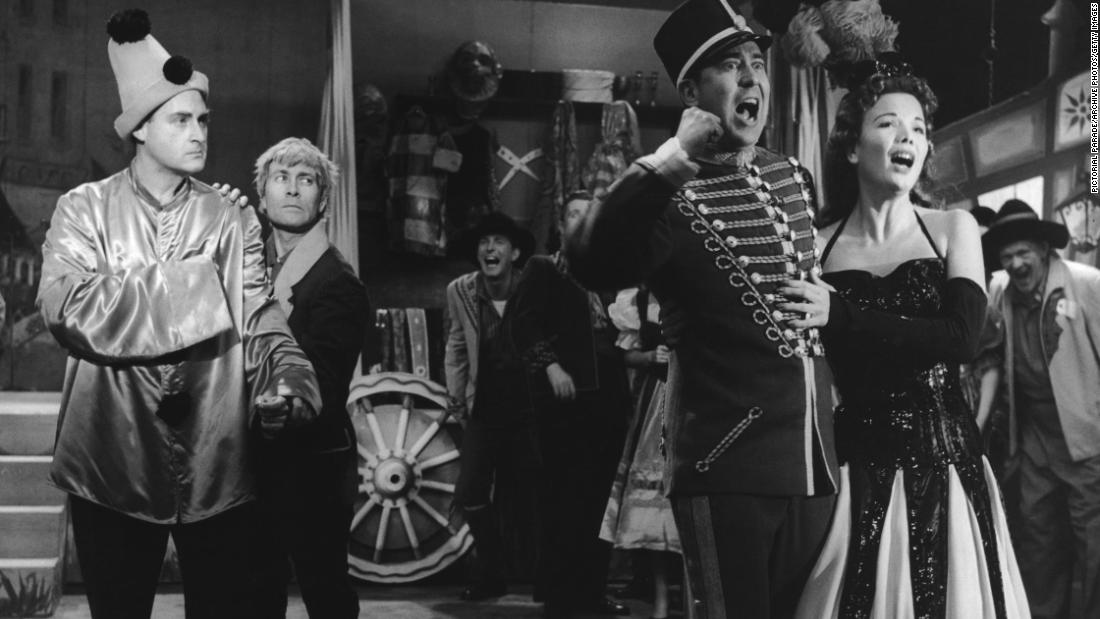 From left, Caesar, Morris, Reiner and Fabray perform a spoof opera scene in 1956.