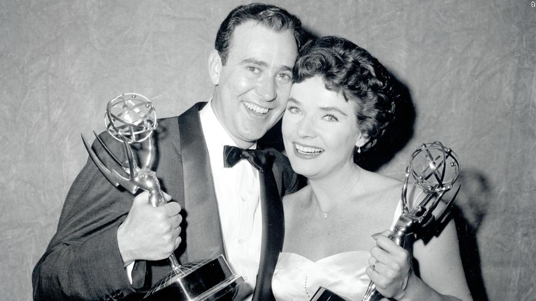 Reiner and Polly Bergen pose with their statuettes at the 1958 Emmy Awards in New York. Reiner won the Emmy for best continuing supporting performance by an actor in drama or comedy for &quot;Caesar&#39;s Hour.&quot;