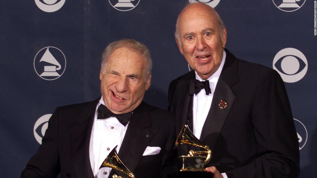 Mel Brooks, left, and Reiner pose with their 1999 Grammy Awards in Los Angeles. They won for &quot;The 2000 Year Old Man in the Year 2000&quot; in the best spoken comedy album category.