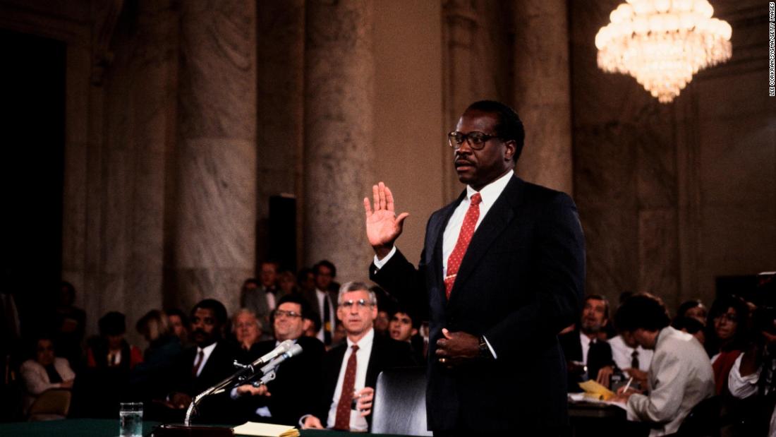 Thomas is sworn in for his Senate confirmation hearings, which turned out to be contentious. Two days before the scheduled Senate vote, it was reported that law professor Anita Hill had made allegations of sexual harassment against Thomas. The vote was then delayed for a week after Thomas asked for time to clear his name and bolster support for his nomination.