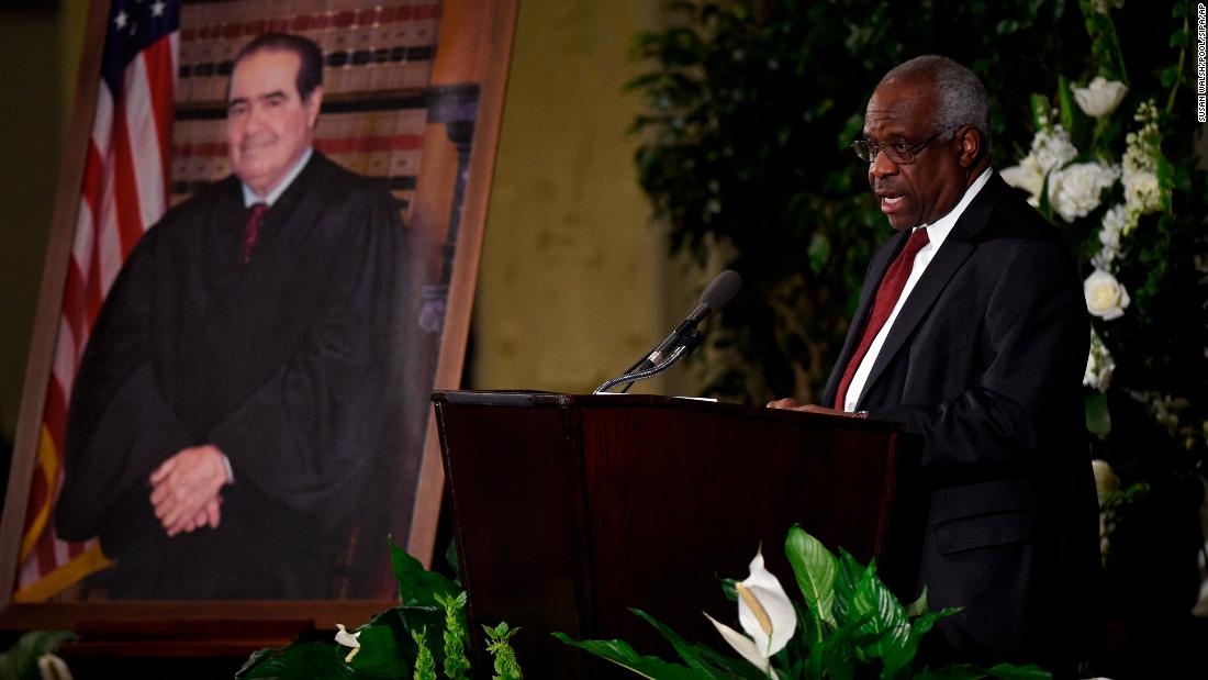 Thomas speaks at the memorial service for Supreme Court Justice Antonin Scalia in 2016.