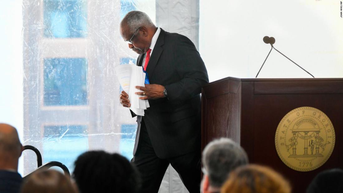 Thomas leaves the podium after making a keynote address at the new Nathan Deal Judicial Center in Atlanta in February 2020.