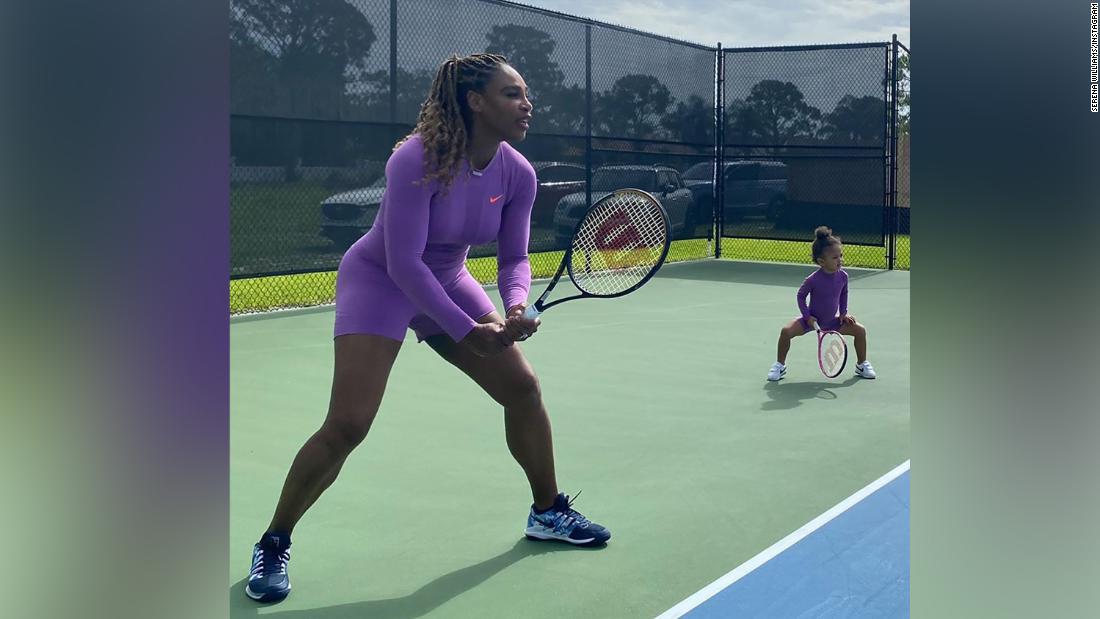 Serena Williams takes to the tennis court with daughter Olympia