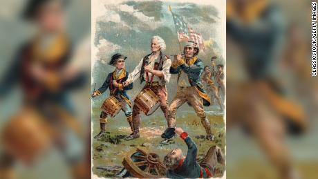 An image based on an iconic painting, &quot;Spirit of '76,&quot; that depicts American patriots of the colonial era.