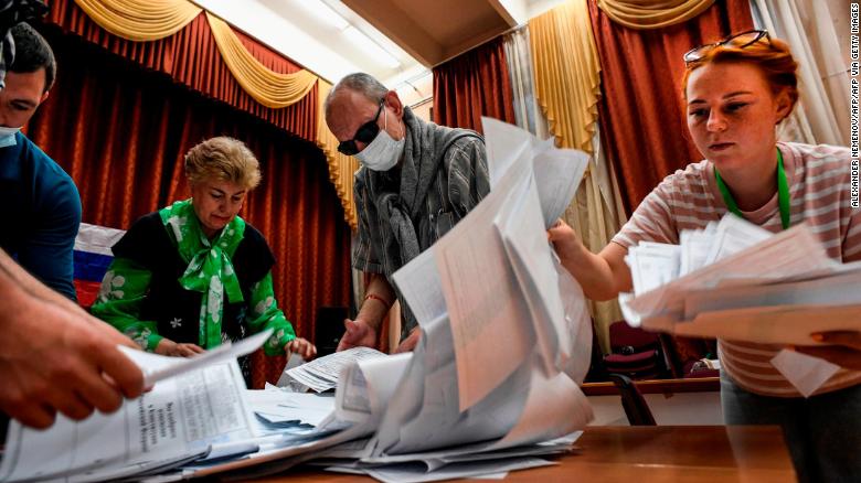 Ballots are counted at a polling station in Moscow on July 1, 2020, after a nationwide constitutional referendum. 