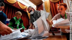 Ballots are counted at a polling station in Moscow on July 1, 2020, after a nationwide constitutional referendum. 