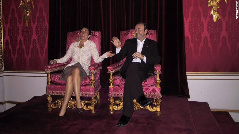 Ghislaine Maxwell sits on a throne at Buckingham Palace, alongside actor Kevin Spacey. It is believed to have been taken in 2002.