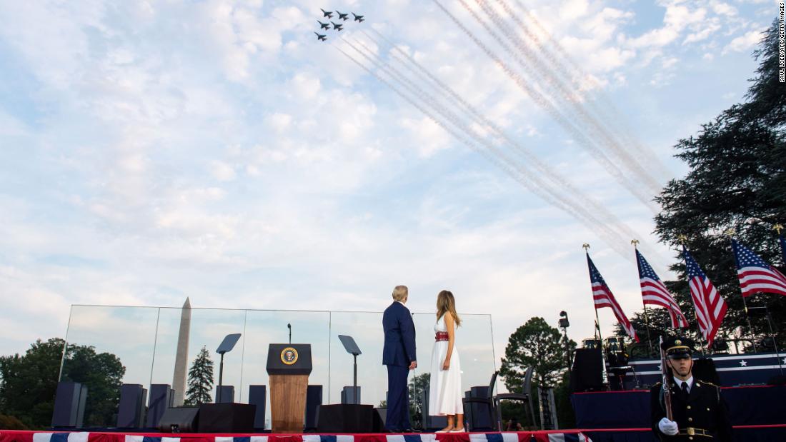 President Donald Trump and First Lady Melania Trump watch as the US Navy Blue Angels and US Air Force Thunderbirds fly over the National Mall in Washington, DC.