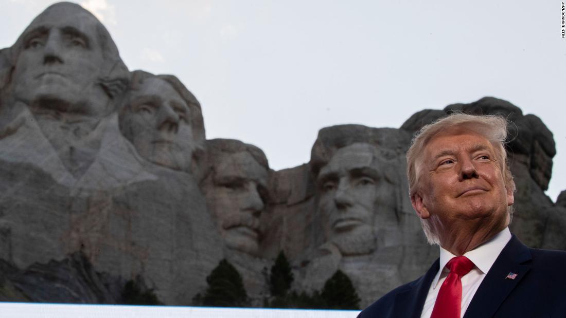 President Donald Trump smiles during an early Independence Day celebration at Mount Rushmore. During the event, President Trump made a &lt;a href=&quot;https://www.cnn.com/2020/07/03/politics/trump-mount-rushmore-fireworks/index.html&quot; target=&quot;_blank&quot;&gt;divisive speech&lt;/a&gt; railing against the recent &lt;a href=&quot;https://www.cnn.com/2020/06/09/us/confederate-statues-removed-george-floyd-trnd/index.html&quot; target=&quot;_blank&quot;&gt;removal of monuments&lt;/a&gt; around the country.