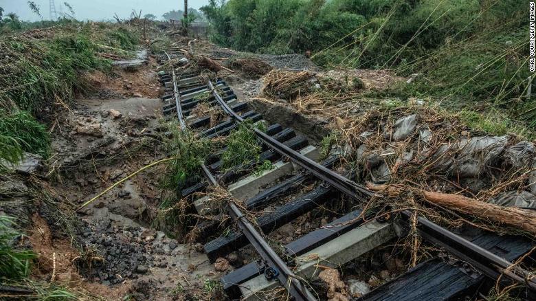 A rail line lies upturned after being submerged by floodwater when the nearby Kuma River burst its banks, on July 5 in Hitoyoshi, Japan.