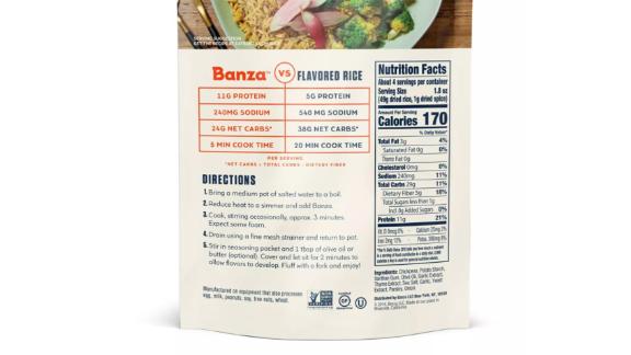 The back of a bag of Banza rice 