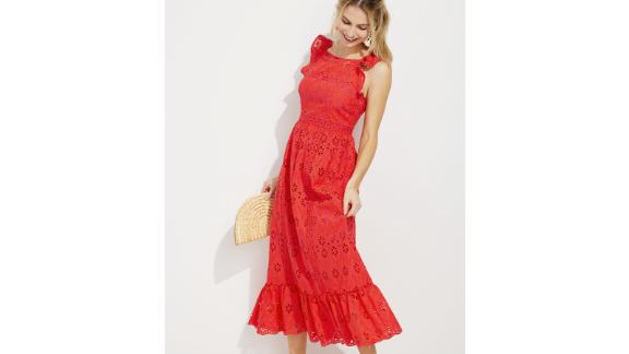 Eyelet Flutter-Sleeve Midi Dress 