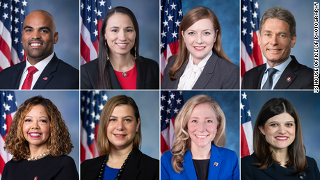 Top, from left to right: Democratic Reps. Colin Allred, Sharice Davids, Lizzie Fletcher and Tom Malinowski. Bottom, from left to right: Democratic Reps. Lucy McBath, Elissa Slotkin, Abigail Spanberger and Haley Stevens. All were elected in 2018 in House districts that have many more college graduates than the national average.