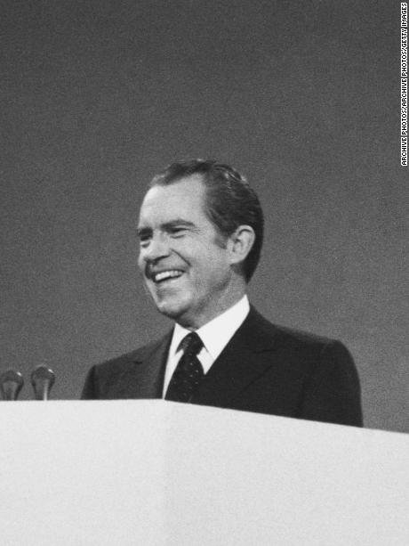 American politicians Gerald Ford (1913 -- 2006) and Richard Nixon (1913 -- 1994), 37th president of the United States, take the stand at the Republican National Convention, at the Miami Beach Convention Center in Miami Beach, Florida, US, 21-23rd August 1972. (Photo by Archive Photos/Getty Images)