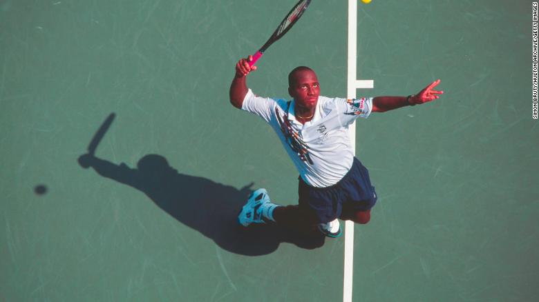 MaliVai Washington of the United States serves toAlberto Mancini during their Men's Singles first round match of the United States Open Tennis Championship on 31 August 1993 at the USTA National Tennis Center in New York City, New York, United States. 