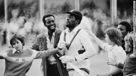 Viv Richards is greeted by fans after the first Test of West Indies&#39; tour of England at Trent Bridge, Nottingham, UK, 3rd June 1976. 