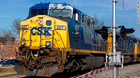 A CSX freight train passes through Homestead, Pennsylvania, on February 12, 2018.