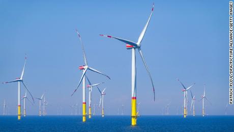 Wind turbines in the Baltic Sea between the Danish islands of Rügen and Bornholm.