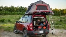 The Bronco Sport has standard rooftop cargo rails that work as tie-down points for rooftop tents.