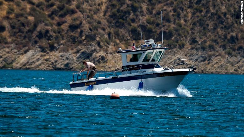 A boat of the Ventura County Sheriff's Office is seen, Monday, July 13, 2020 in Lake Piru, Calif. Naya Rivera's body was found in the lake six days after she went missing.