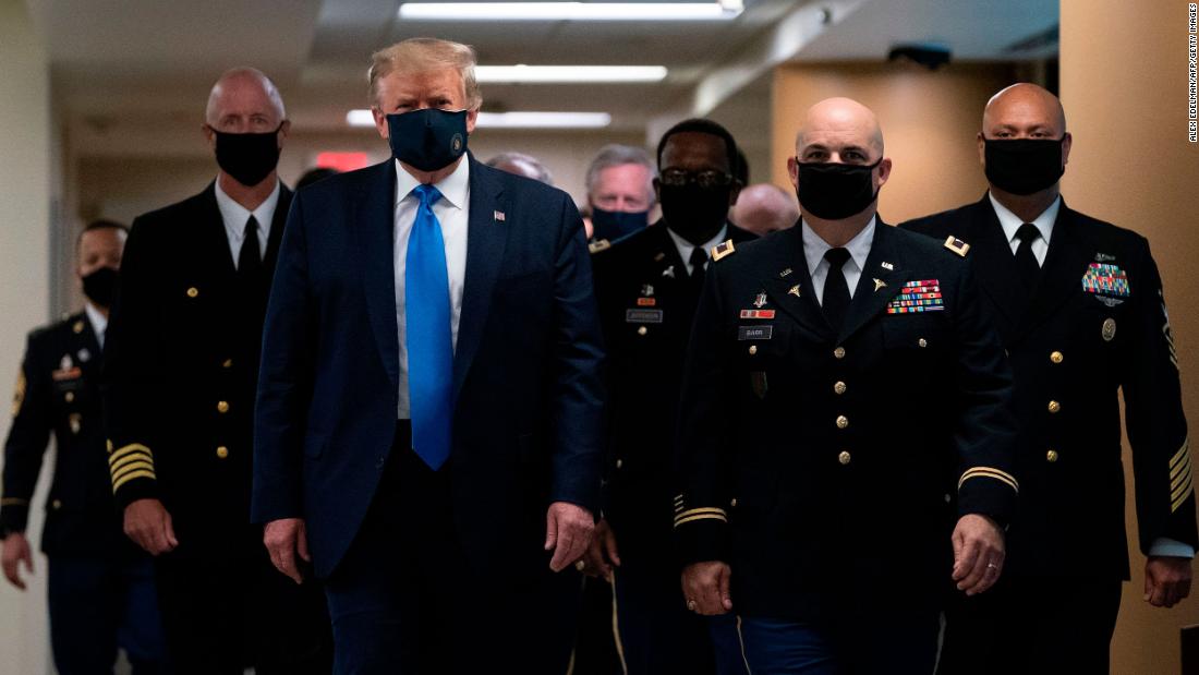 US President Donald Trump wears a face mask &lt;a href=&quot;http://www.cnn.com/2020/07/11/politics/trump-walter-reed-visit-mask/index.html&quot; target=&quot;_blank&quot;&gt;as he visits Walter Reed National Military Medical Center&lt;/a&gt; in Bethesda, Maryland, on July 11. This was the first time since the pandemic began that the White House press corps got a glimpse of Trump with a face covering.